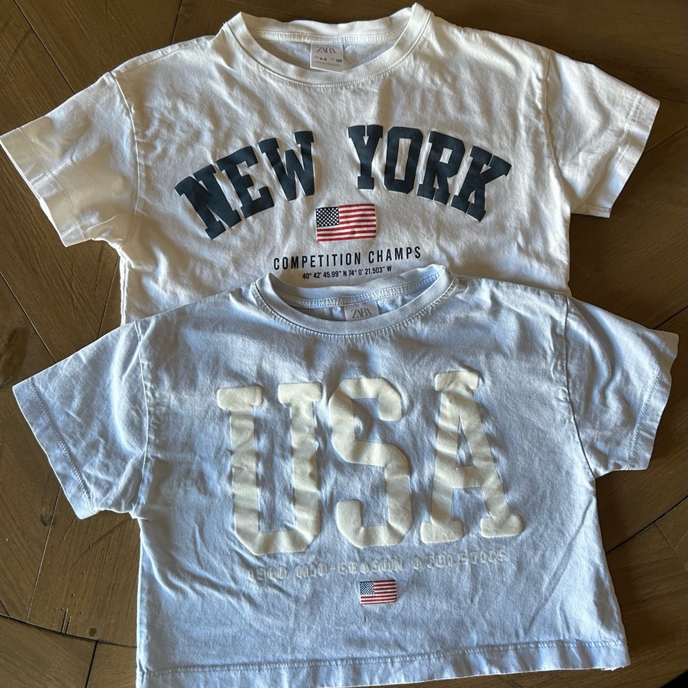 Zara Kids White and Light Blue Graphic Crop Tees